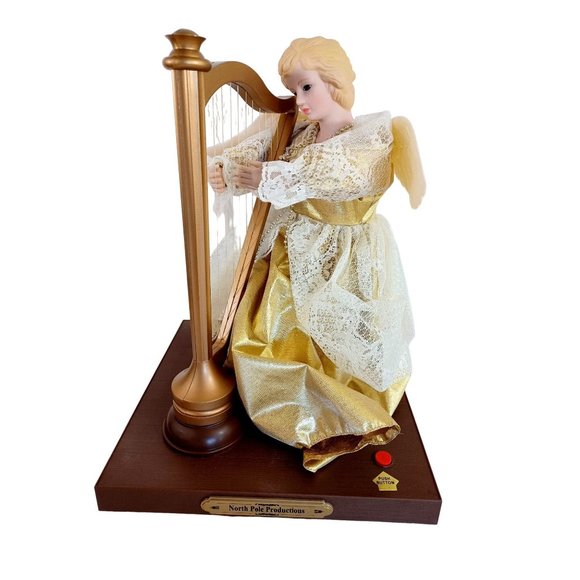1990's Animated Musical Harp Playing Porcelain Face Hands Angel Battery Op Works - Picture 1 of 7